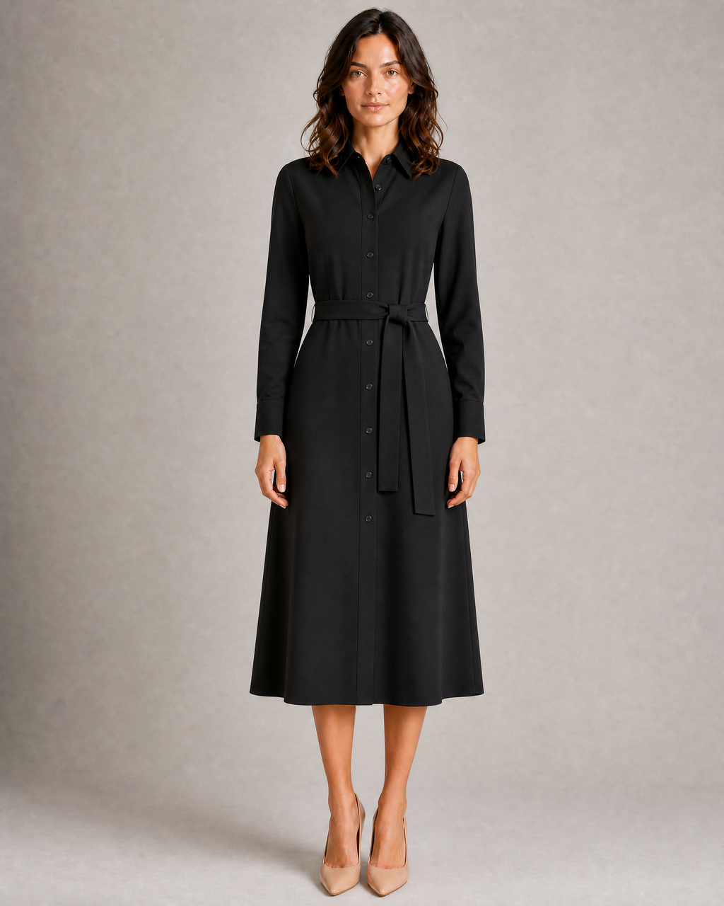 High-Neck Belted Shirt Dress