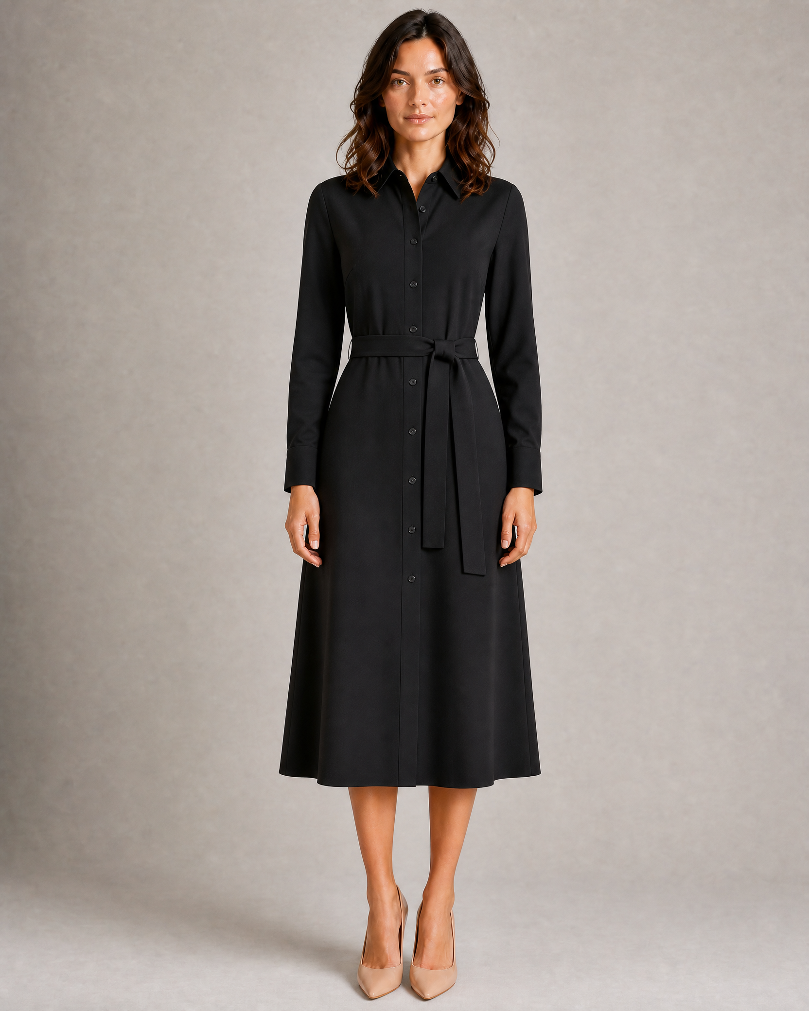 High-Neck Belted Shirt Dress