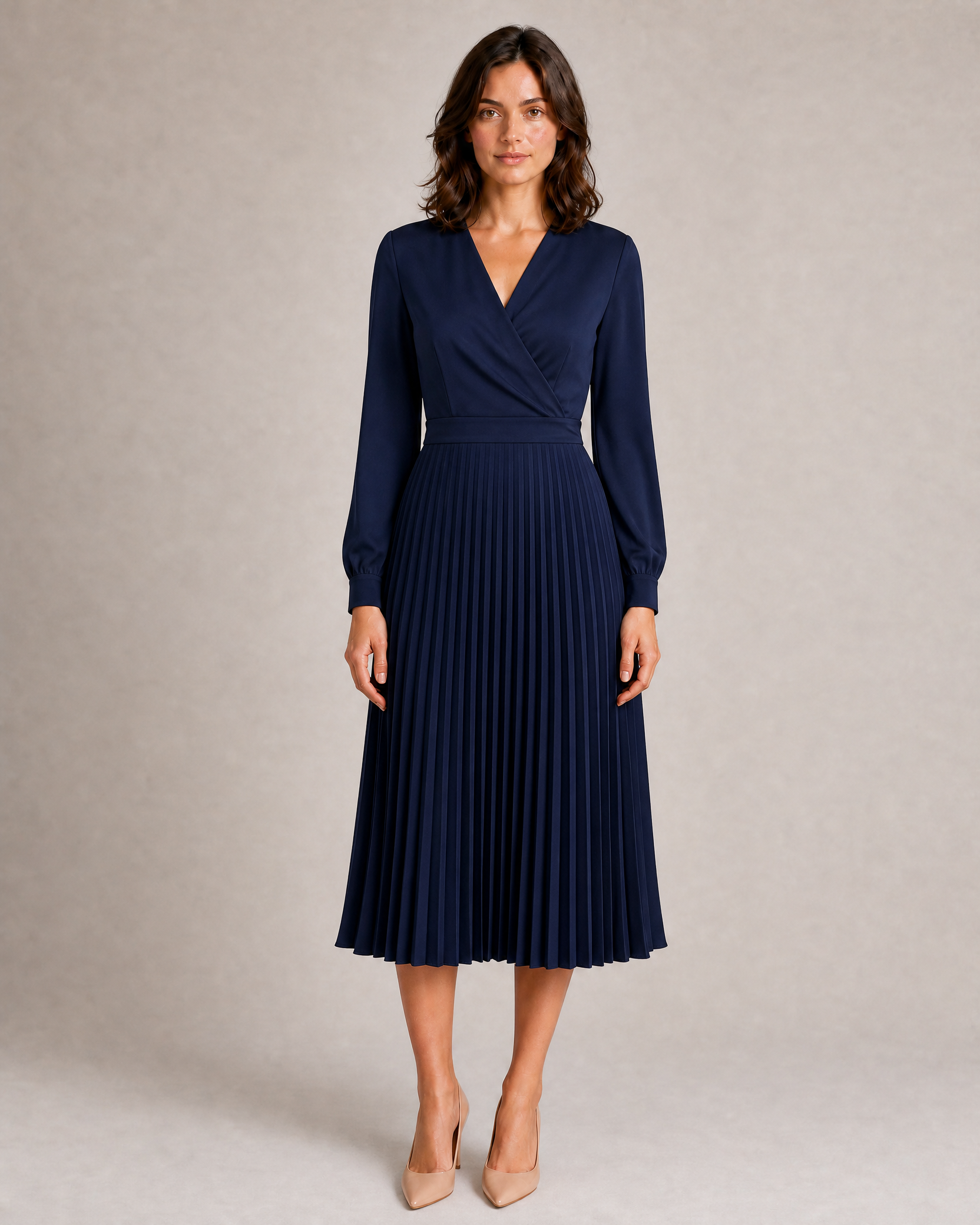 Pleated A-Line Midi Dress with Cuffed Sleeves