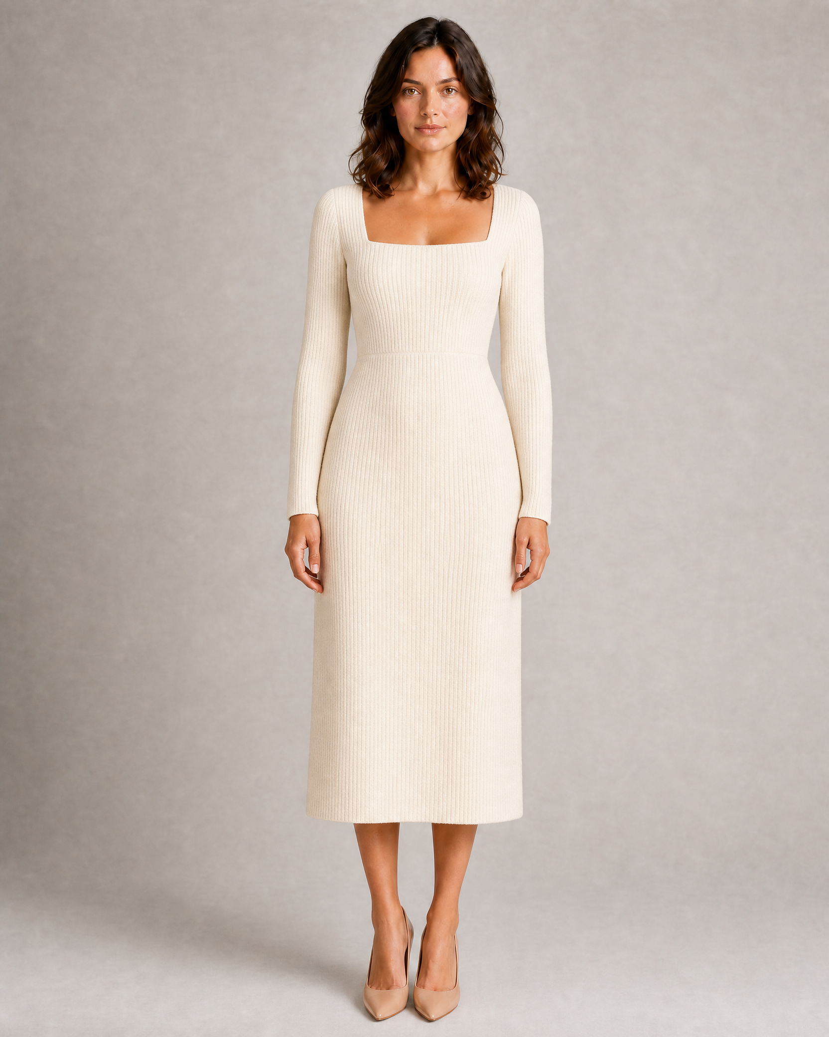 Square-Neck Knit Midi Dress