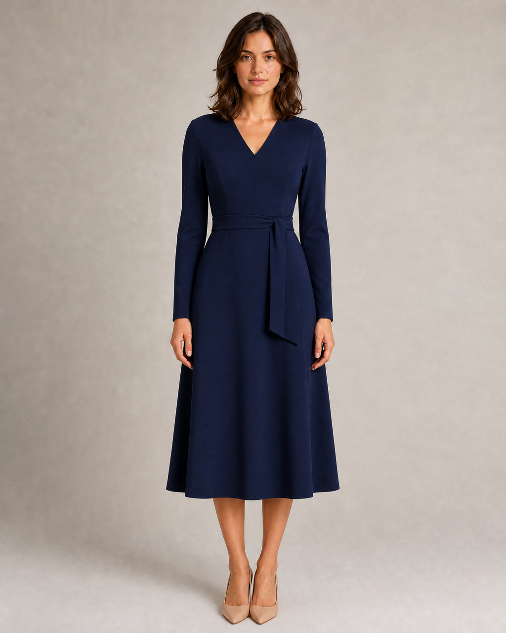 Tailored V-Neck Midi Dress with Belt