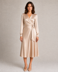 Satin Wrap Midi Dress with Long Sleeves