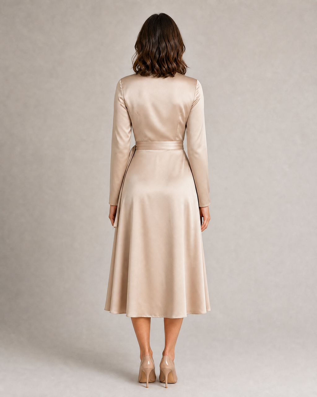 Satin Wrap Midi Dress with Long Sleeves
