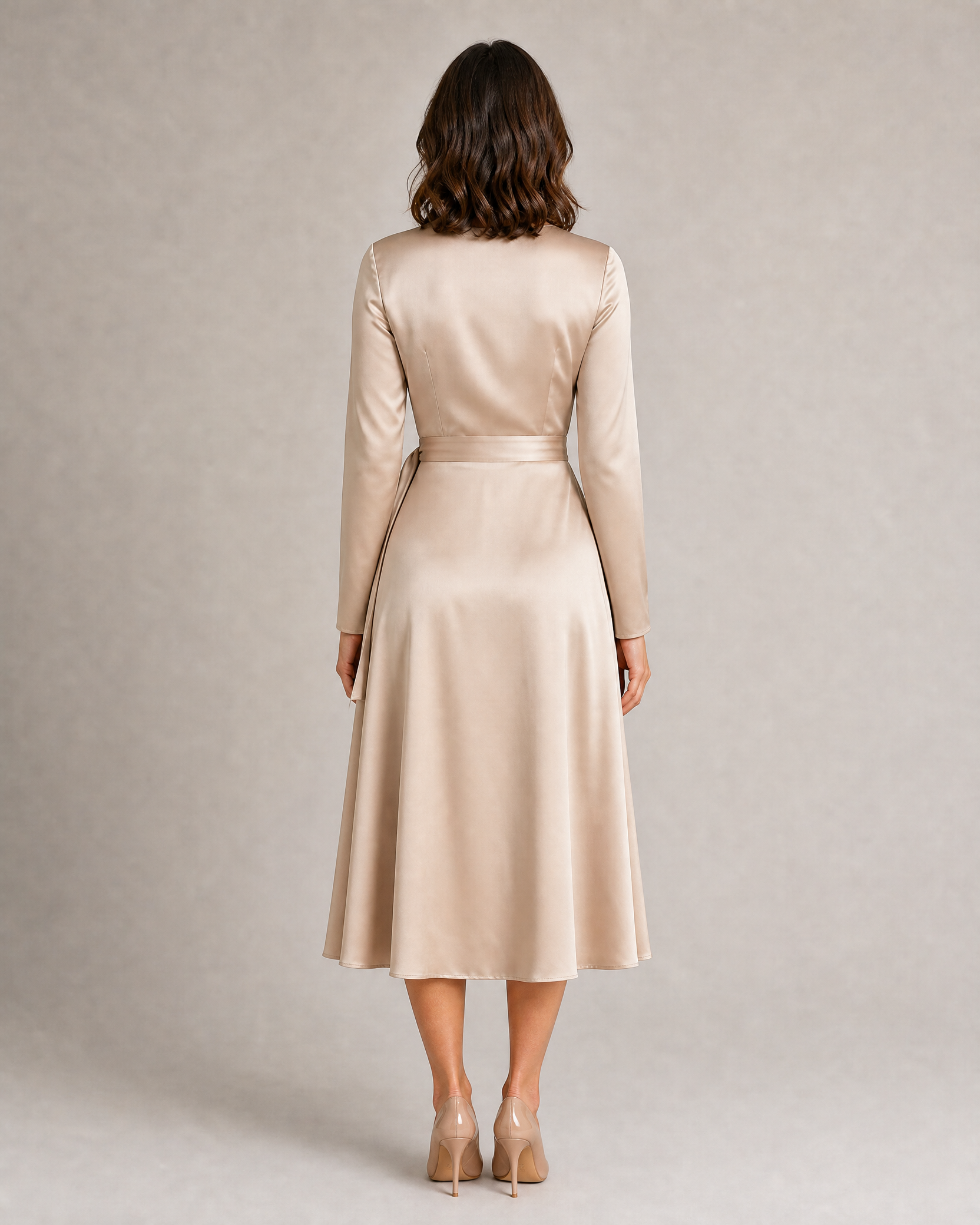 Satin Wrap Midi Dress with Long Sleeves