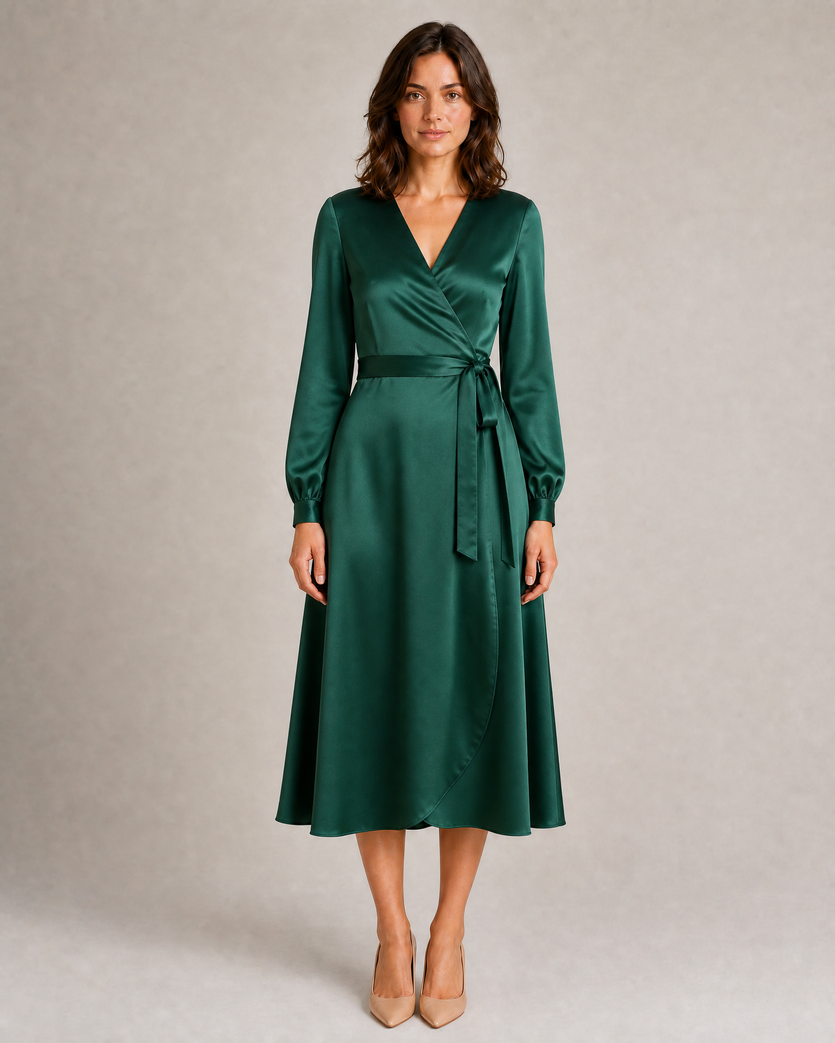 Satin Wrap Midi Dress with Long Sleeves