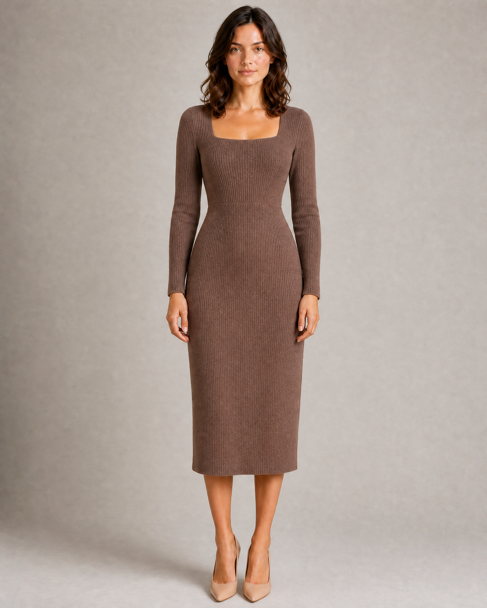 Square-Neck Knit Midi Dress