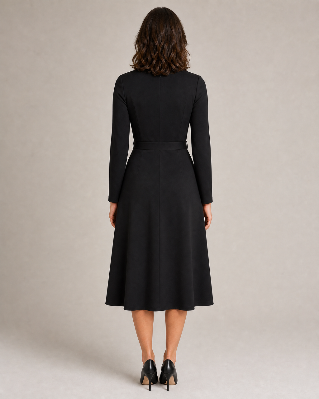 Tailored V-Neck Midi Dress with Belt