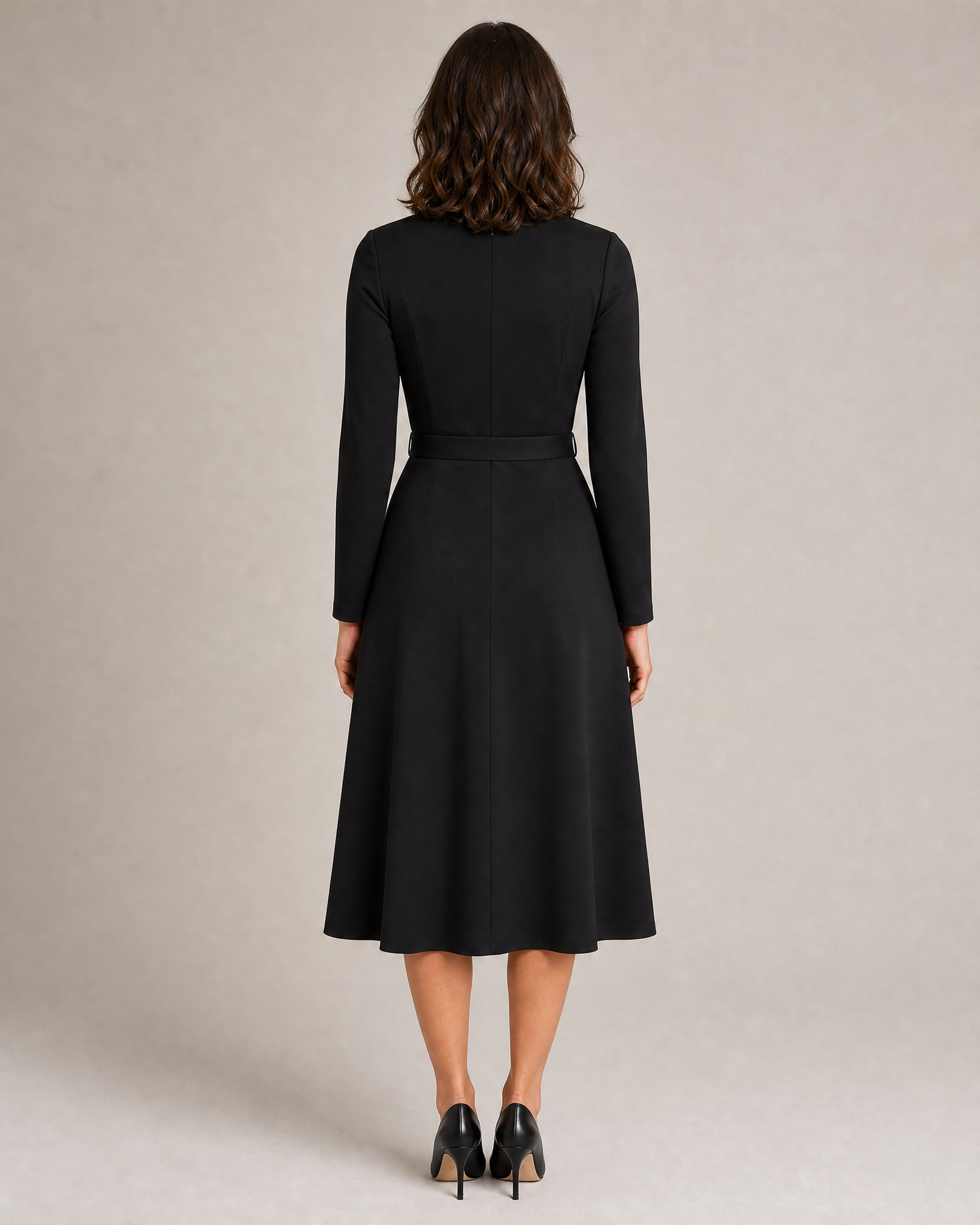 Tailored V-Neck Midi Dress with Belt