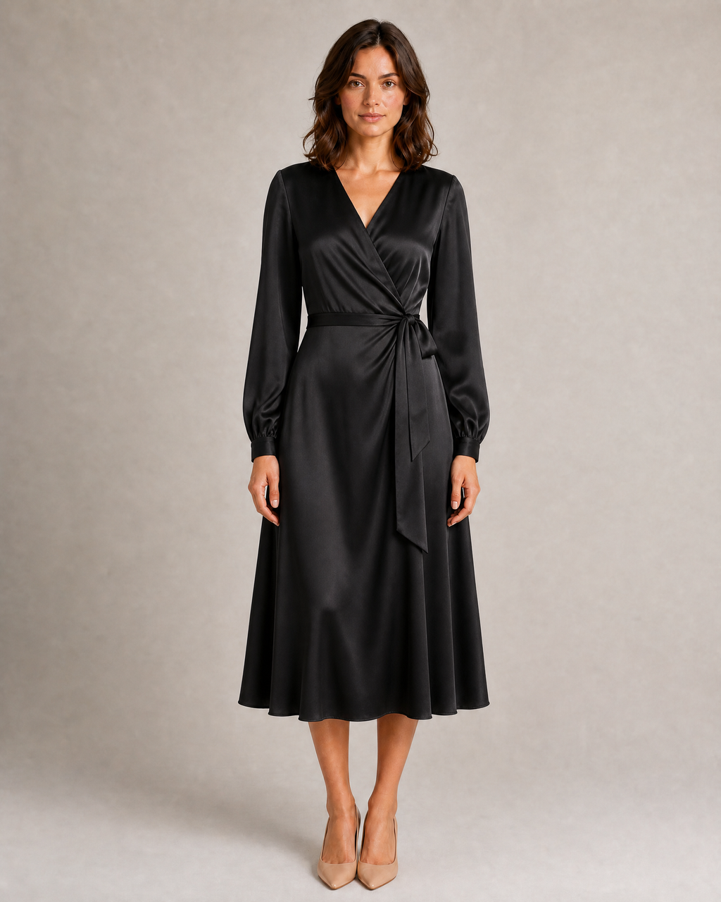 Satin Wrap Midi Dress with Long Sleeves