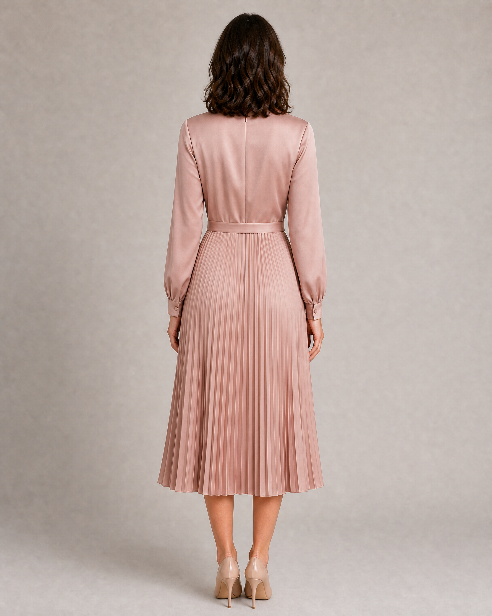 Pleated A-Line Midi Dress with Cuffed Sleeves