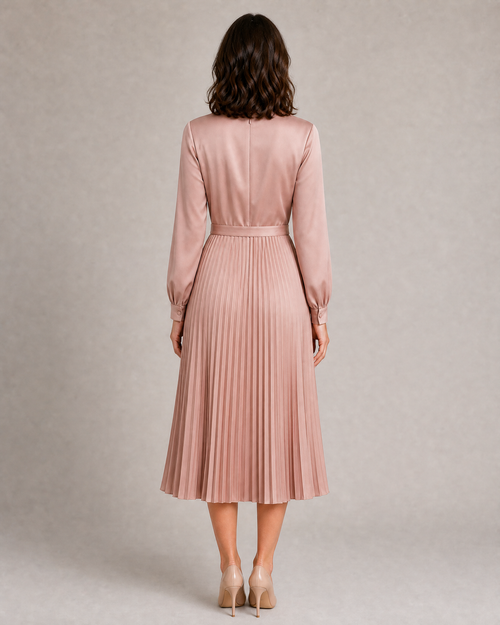 Pleated A-Line Midi Dress with Cuffed Sleeves