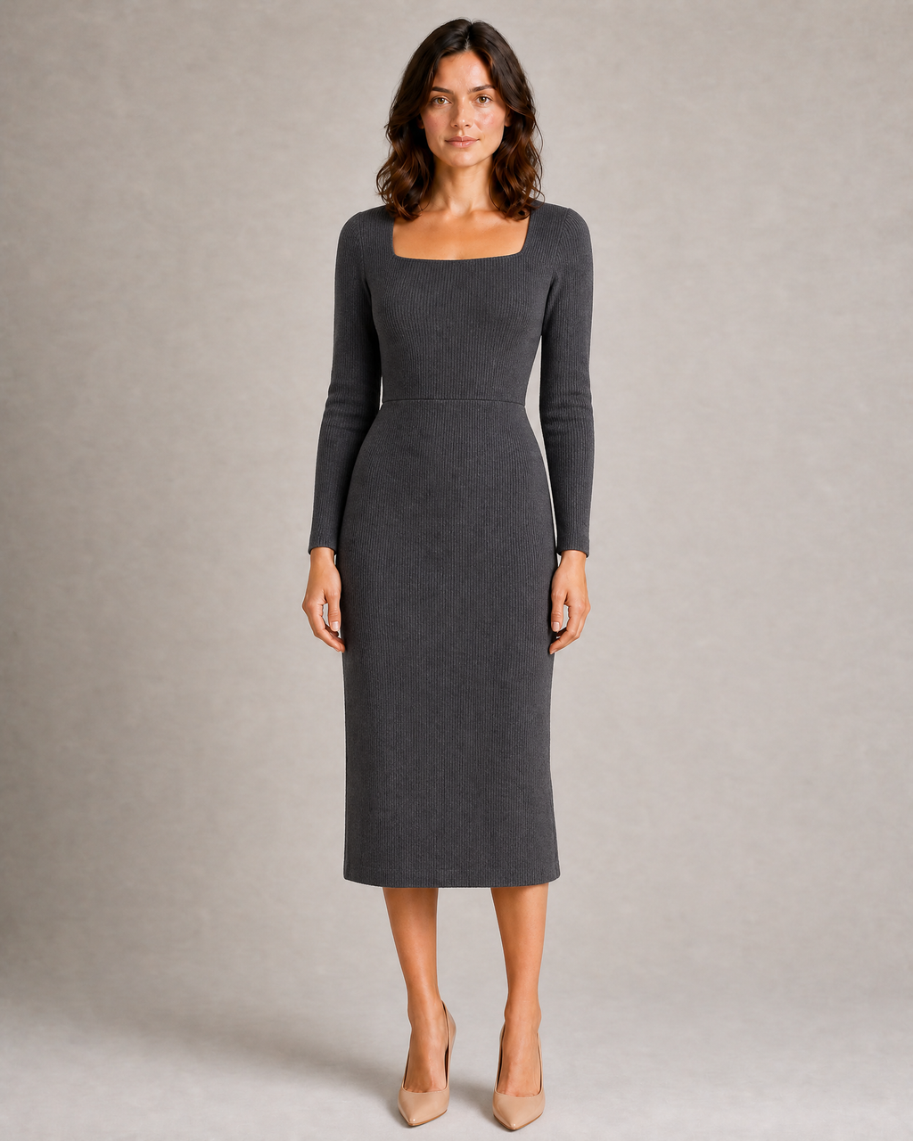 Square-Neck Knit Midi Dress