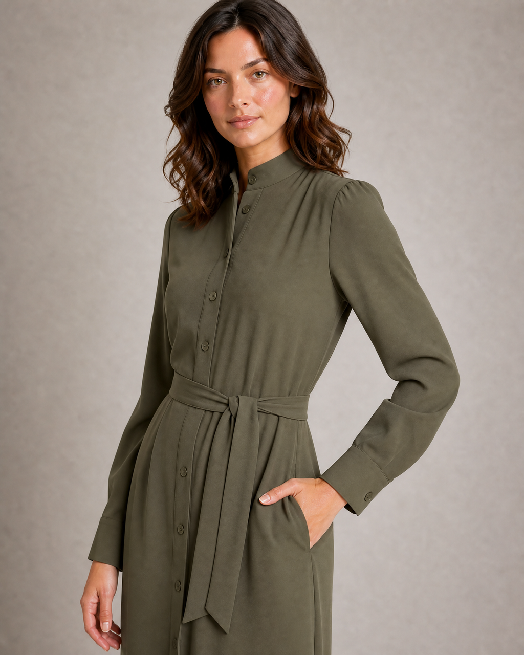 High-Neck Belted Shirt Dress