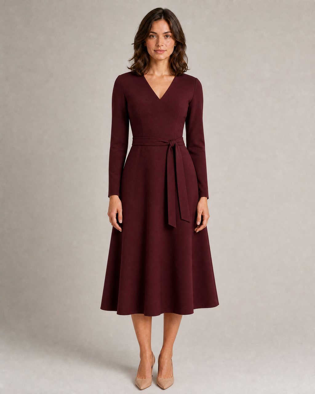 Tailored V-Neck Midi Dress with Belt