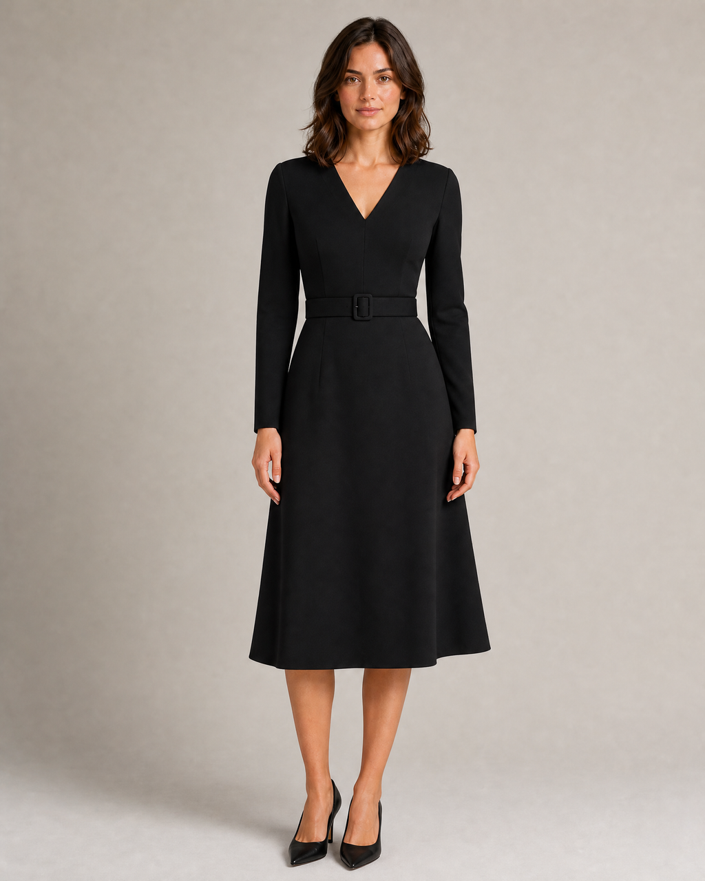 Tailored V-Neck Midi Dress with Belt