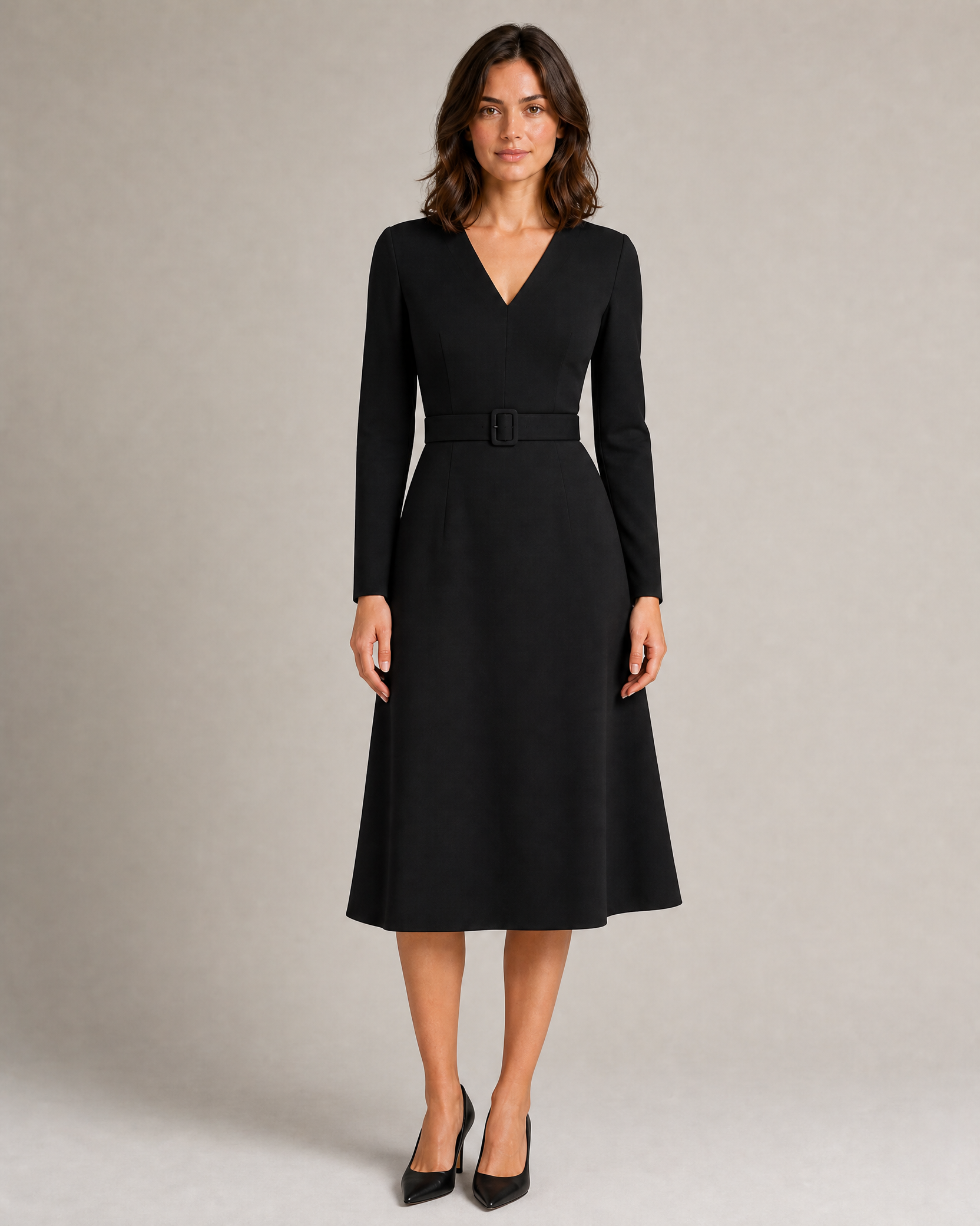 Tailored V-Neck Midi Dress with Belt