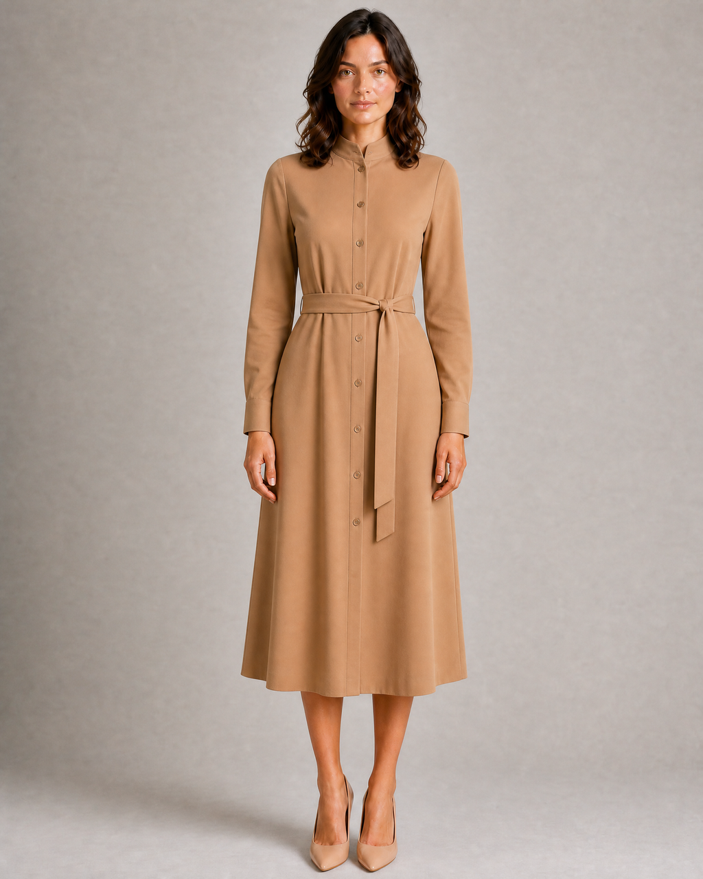 High-Neck Belted Shirt Dress