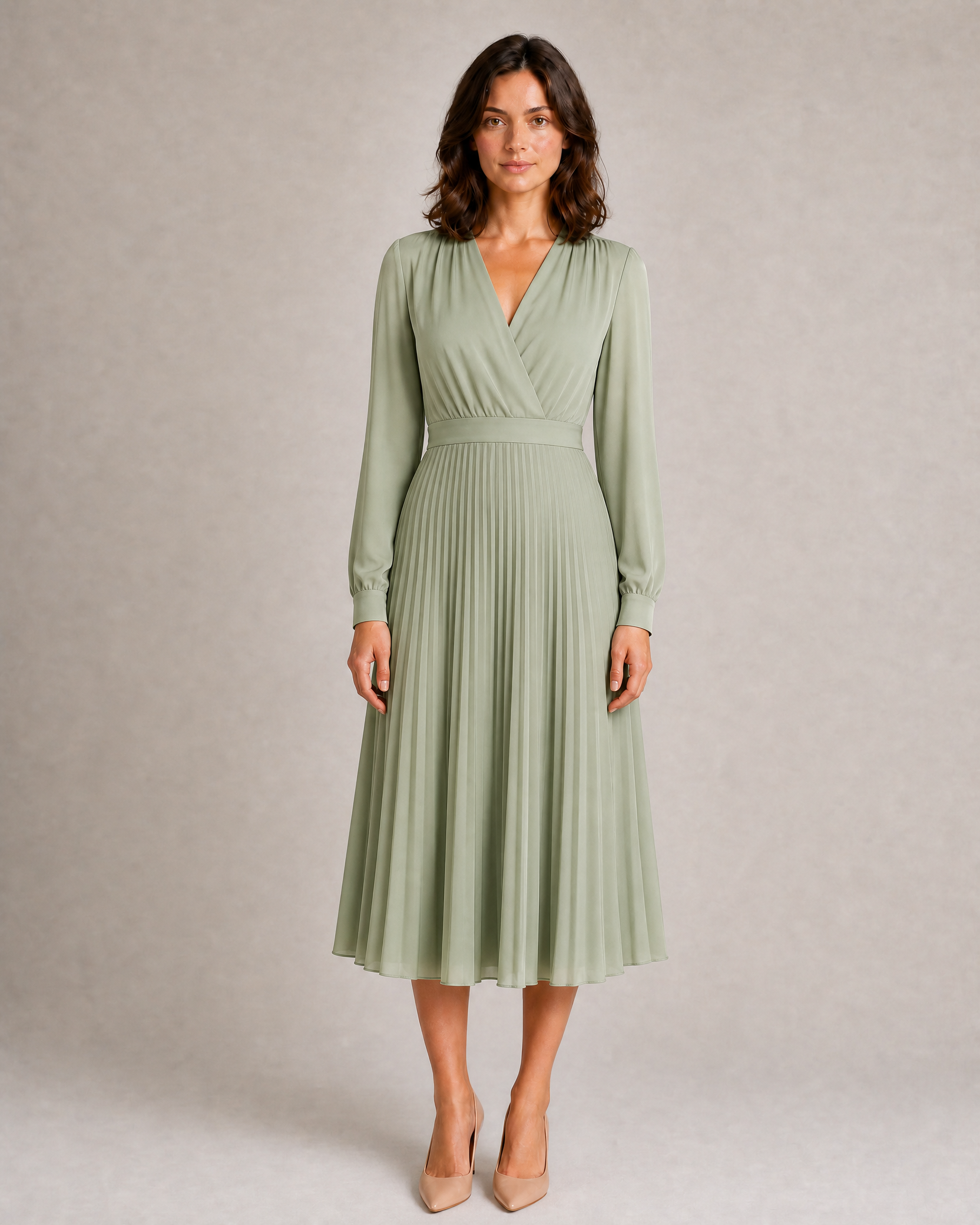 Pleated A-Line Midi Dress with Cuffed Sleeves