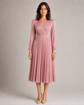 Pleated A-Line Midi Dress with Cuffed Sleeves